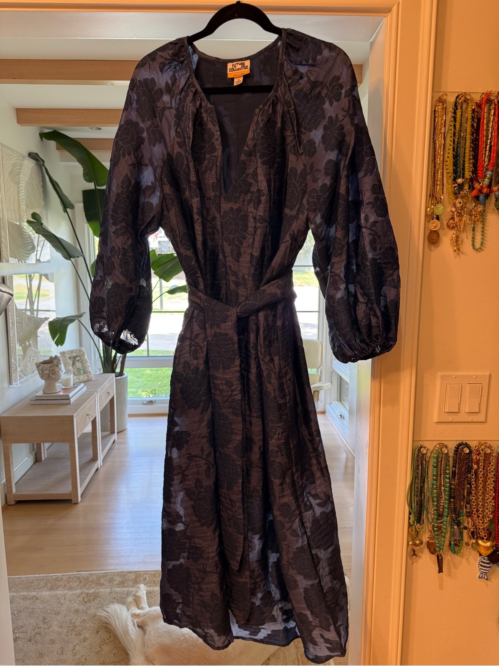 Textured Navy Floral Midi Dress with Tie Waist Future Collective w Jenni Lopez
